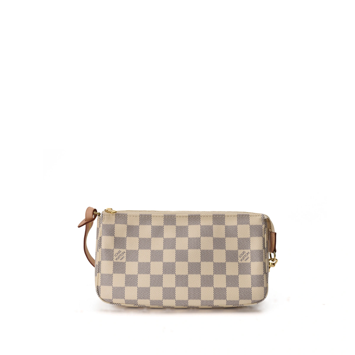Louis Vuitton Pochette Accessoires in Azur Damier canvas with brown leather strap, curated Pre-loved Luxury by Myluxe in Helsinki.
