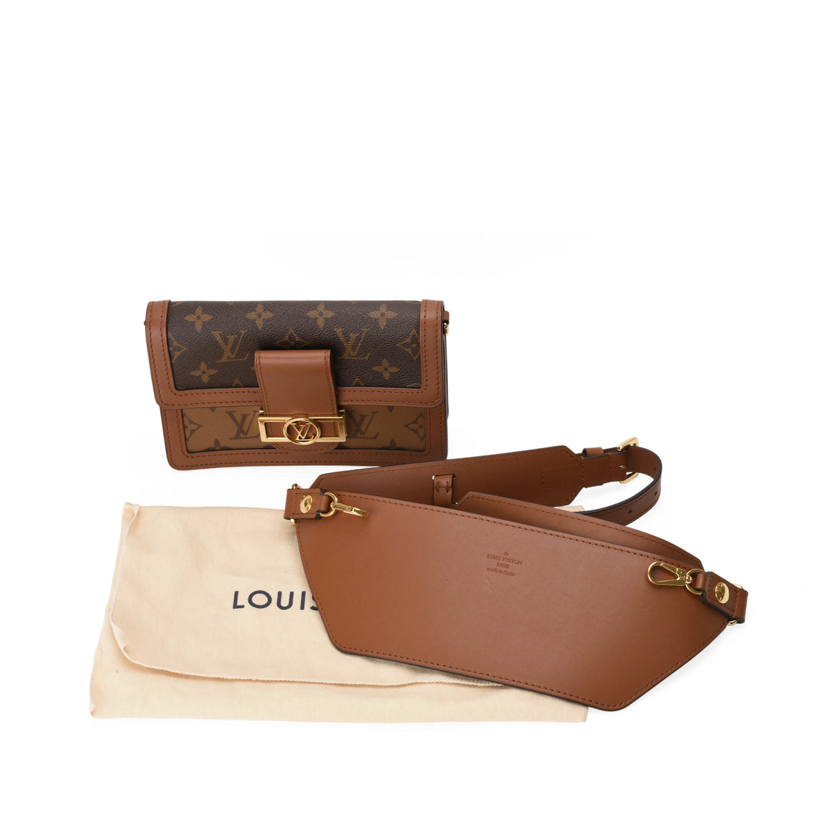 Louis Vuitton Belt Bag Dauphine Monogram Reverse in brown leather and monogram canvas. curated Pre-loved Luxury by Myluxe in Helsinki.