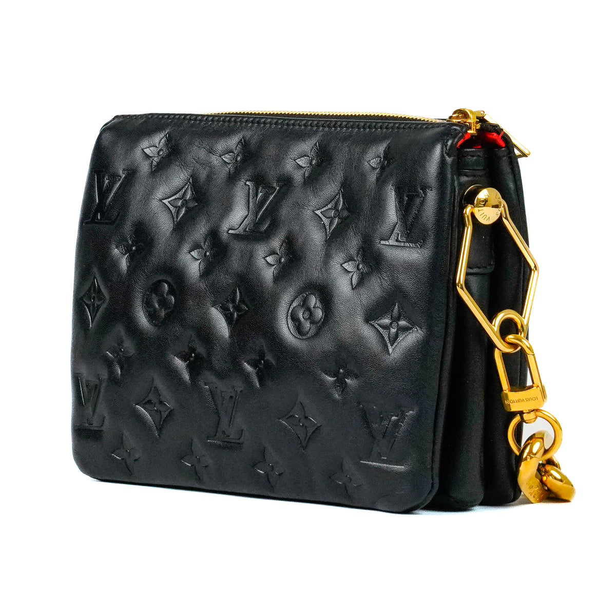 Black embossed leather Louis Vuitton monogram clutch with gold-tone chain strap, curated Pre-loved Luxury by Myluxe in Helsinki.
