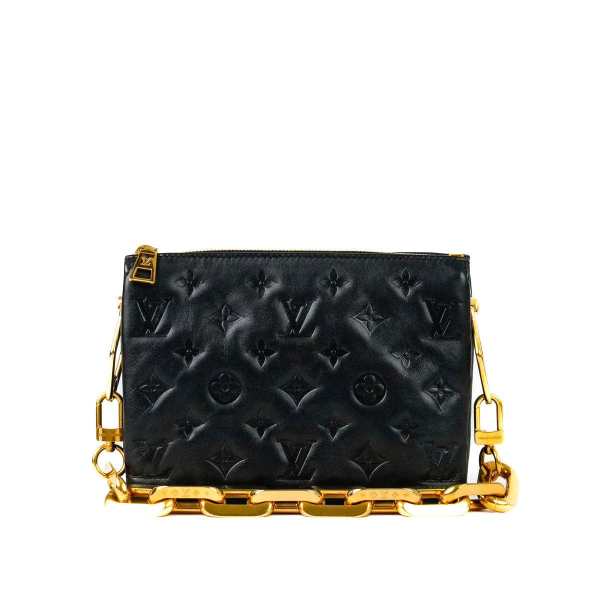 Black Monogram Embossed Leather Clutch with Gold Chain Strap, curated Pre-loved Luxury by Myluxe in Helsinki.