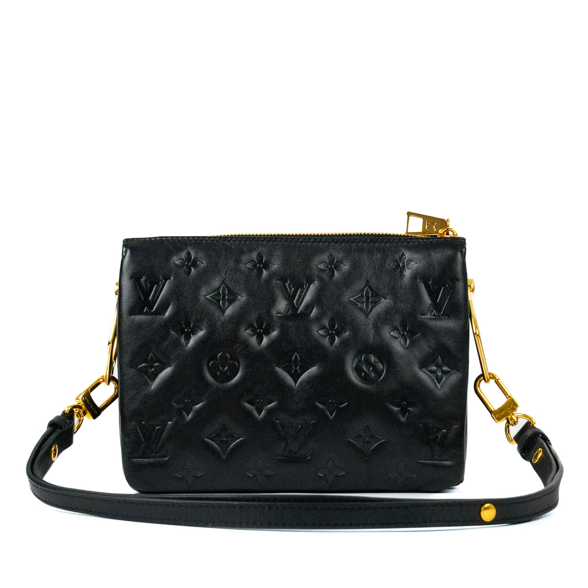 Black embossed leather Louis Vuitton monogram crossbody bag, curated Pre-loved Luxury by Myluxe in Helsinki.