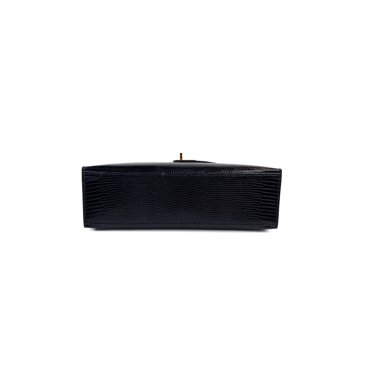 Hermes Mini Kelly Pochette In Black Shiny Lizard Gold Hardware Bottom