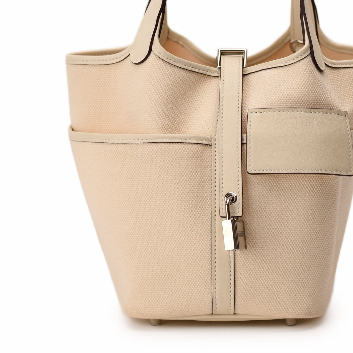 Cream canvas tote bag with leather trim and silver hardware. curated Pre-loved Luxury by Myluxe in Helsinki.