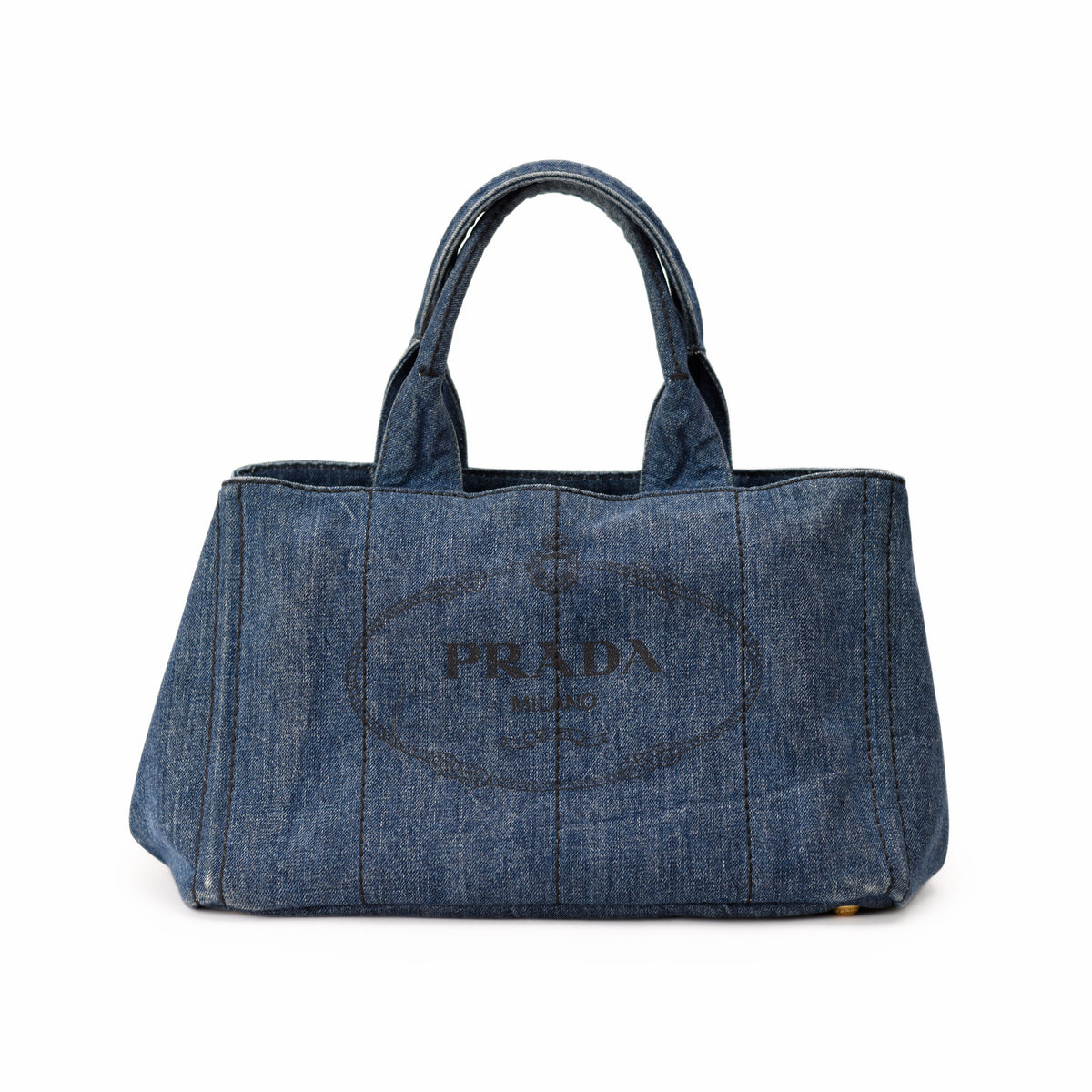 Blue denim Prada tote bag with logo print, curated Pre-loved Luxury by Myluxe in Helsinki.