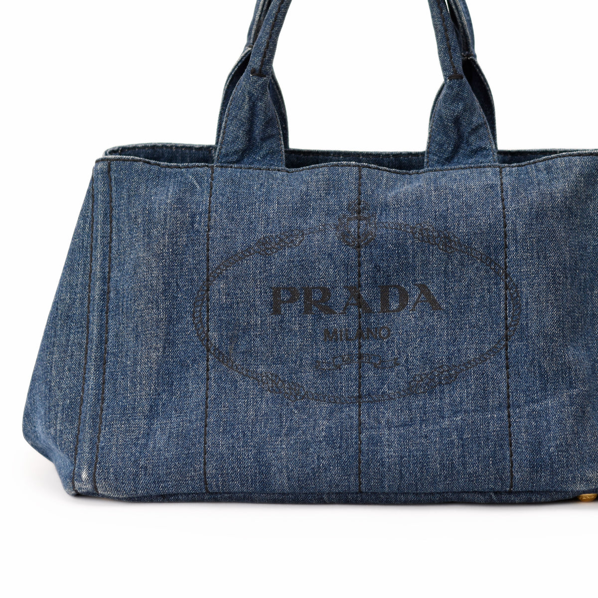 Prada blue denim tote bag with logo print. curated Pre-loved Luxury by Myluxe in Helsinki.