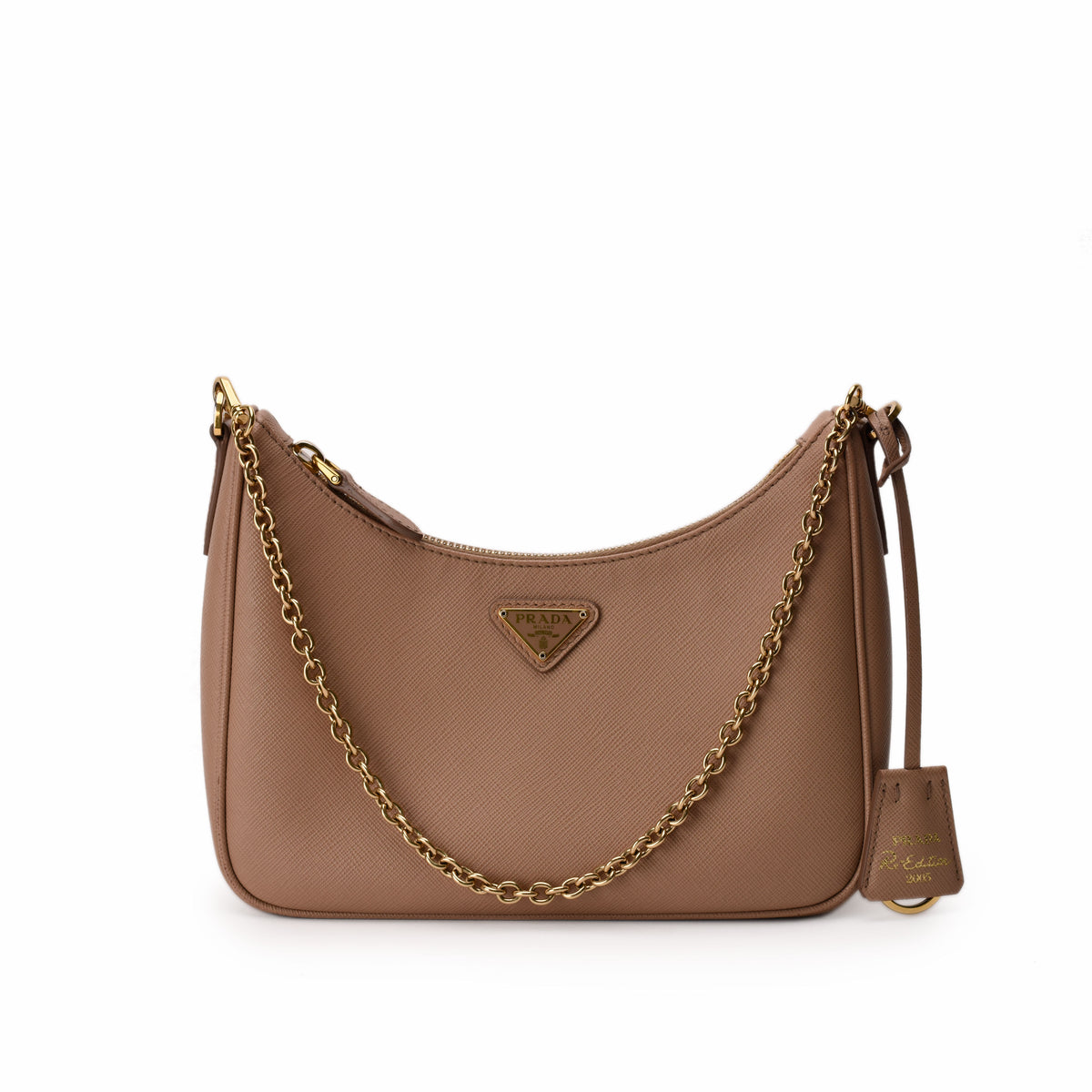 Tan Prada Saffiano leather shoulder bag with gold-tone chain strap, curated Pre-loved Luxury by Myluxe in Helsinki.