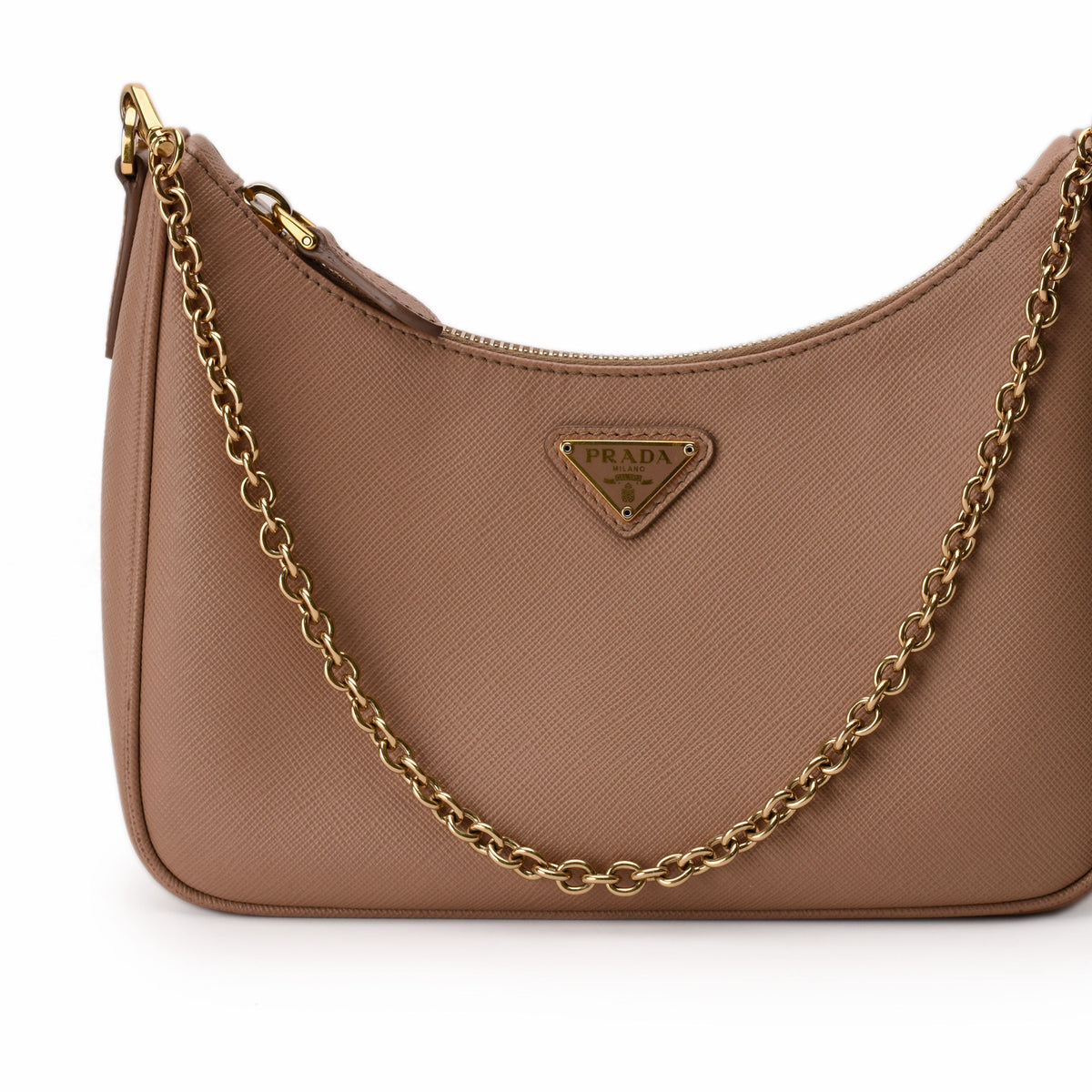 Prada beige nylon shoulder bag with gold-tone chain strap, curated Pre-loved Luxury by Myluxe in Helsinki.