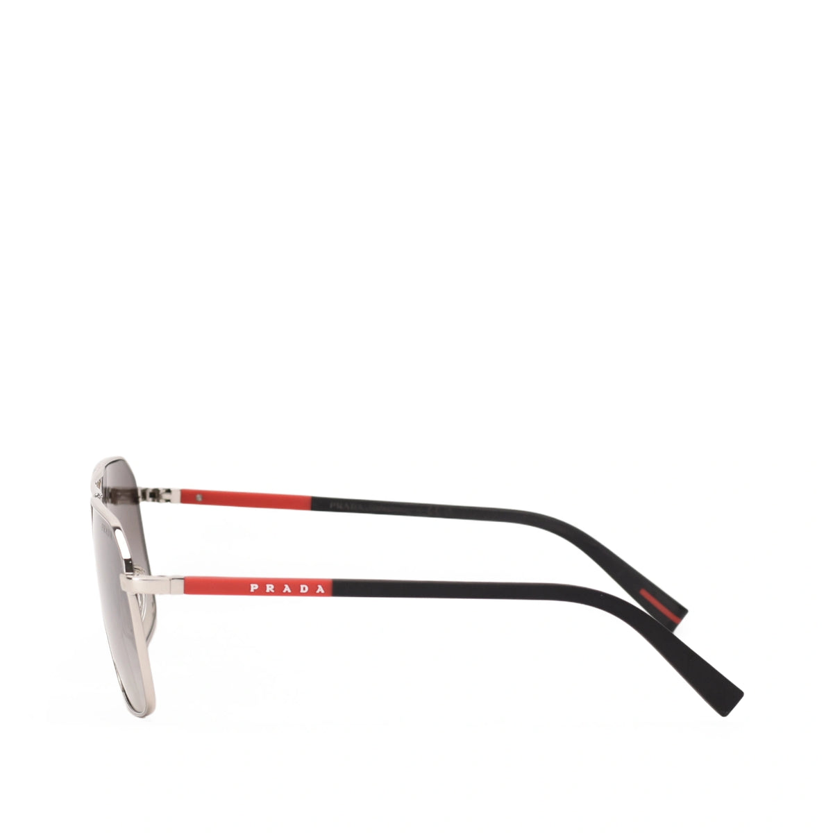 Side view of Prada Linea Rossa sunglasses in silver and black with red accents. curated Pre-loved Luxury by Myluxe in Helsinki.