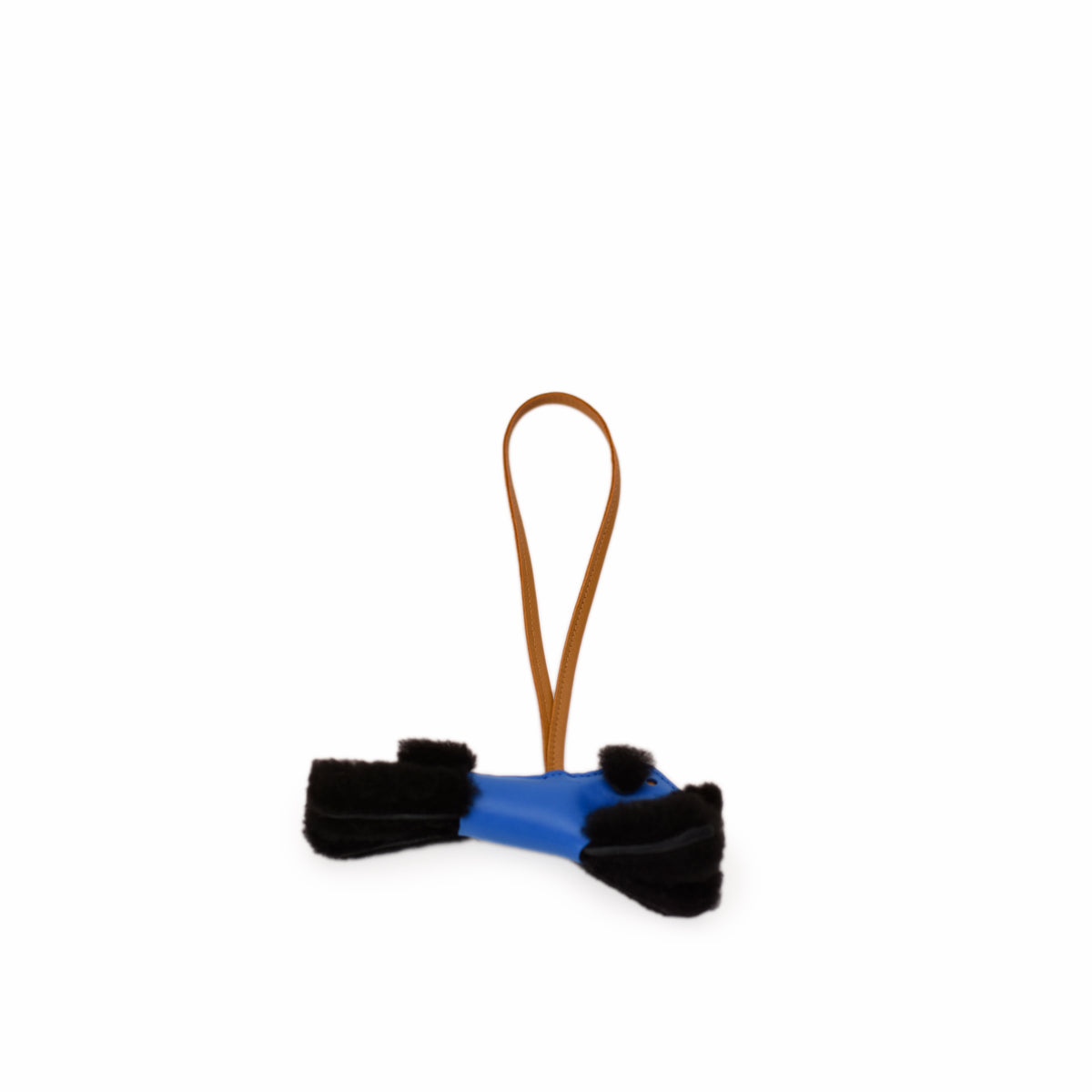 Blue leather luxury bag charm with black faux fur accents. curated Pre-loved Luxury by Myluxe in Helsinki.