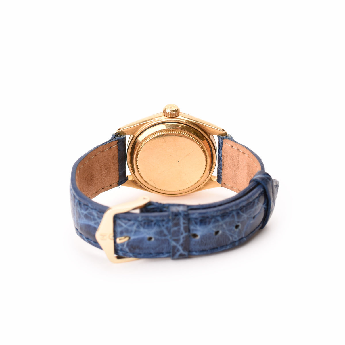 Gold luxury wristwatch with a blue crocodile leather strap. curated Pre-loved Luxury by Myluxe in Helsinki.