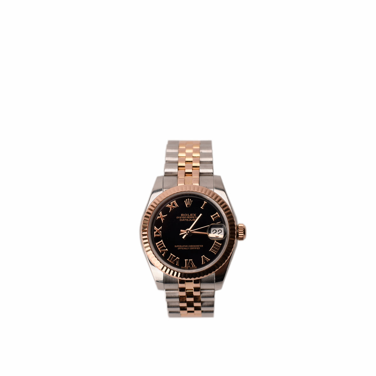 Rolex Datejust two-tone steel and gold watch with black dial, curated Pre-loved Luxury by Myluxe in Helsinki.