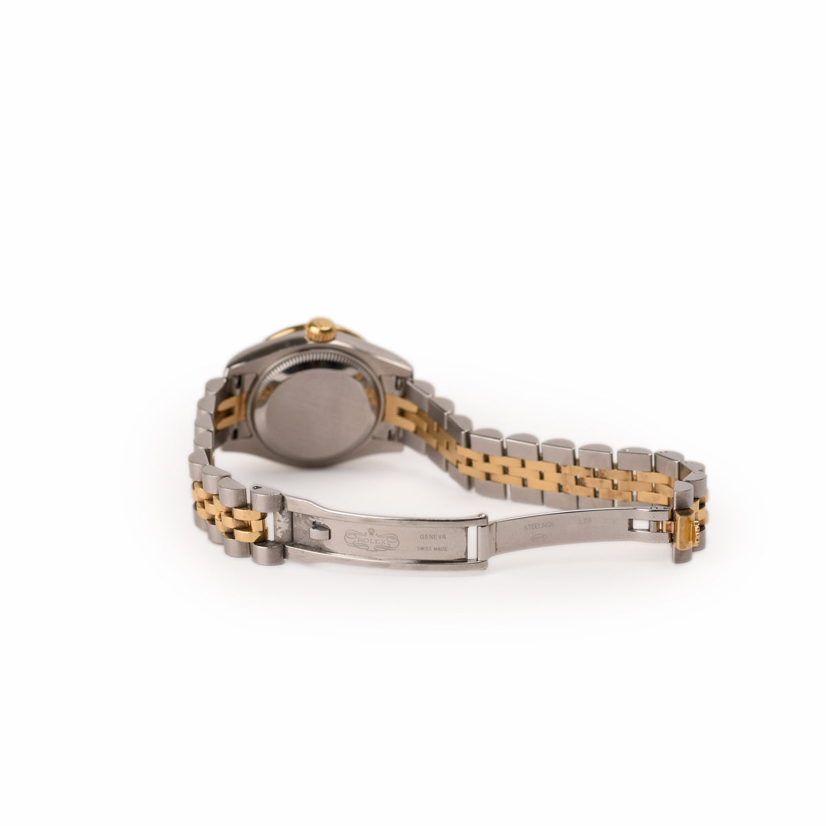 Back view of a two-tone gold and steel Rolex watch, curated Pre-loved Luxury by Myluxe in Helsinki.