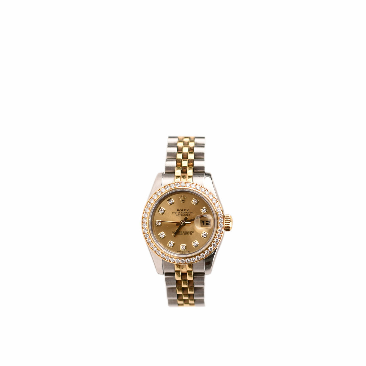Rolex Datejust watch in two-tone gold and silver with diamond bezel, curated Pre-loved Luxury by Myluxe in Helsinki.
