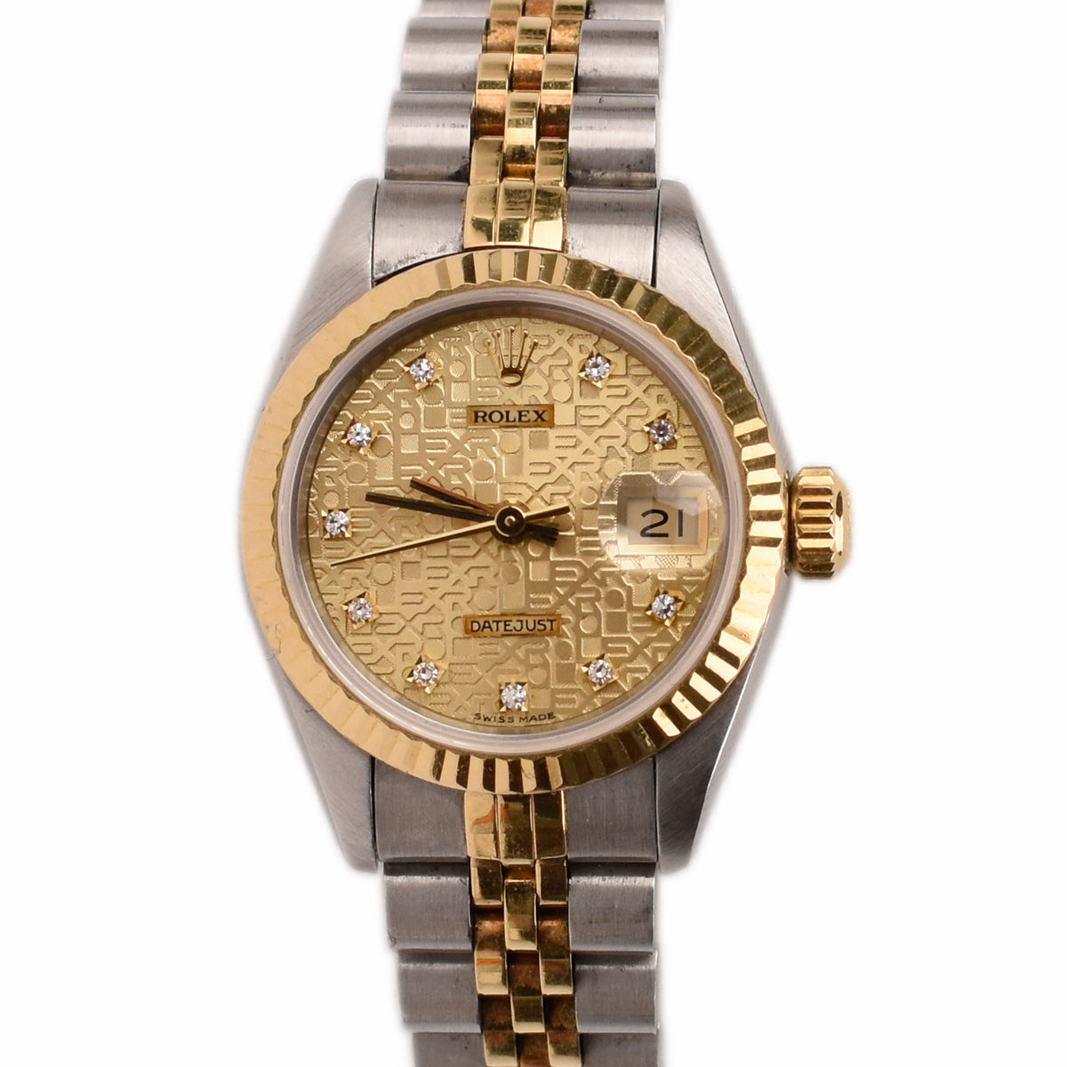 Gold and silver two-tone Rolex Datejust with diamond dial, curated Pre-loved Luxury by Myluxe in Helsinki.