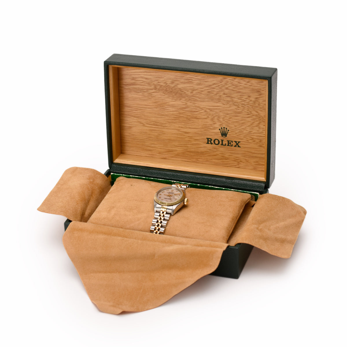 Rolex two-tone gold and silver wristwatch in original wooden presentation box, curated Pre-loved Luxury by Myluxe in Helsinki.