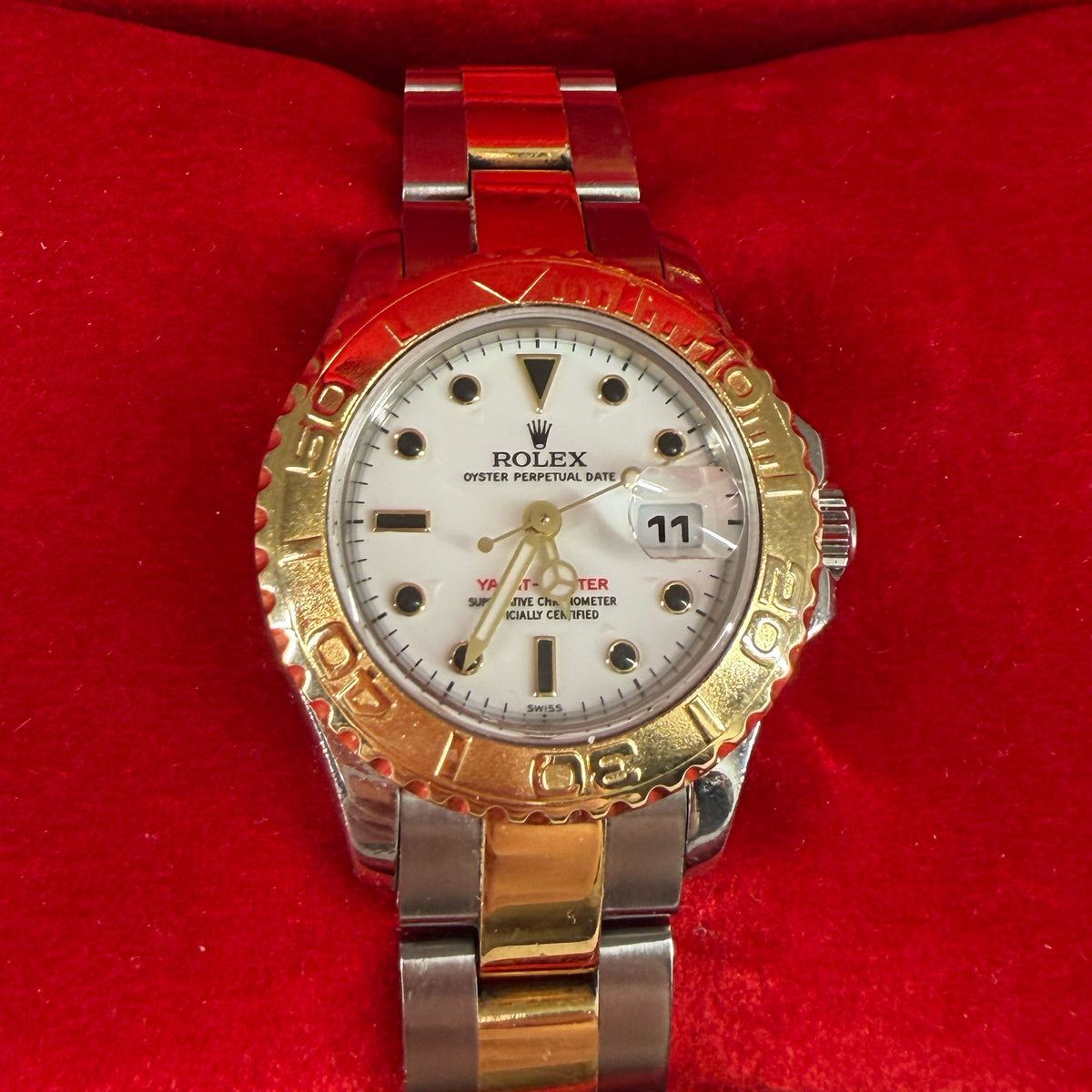 Rolex Yacht-Master watch with white dial and two-tone gold and silver stainless steel bracelet, curated Pre-loved Luxury by Myluxe in Helsinki.