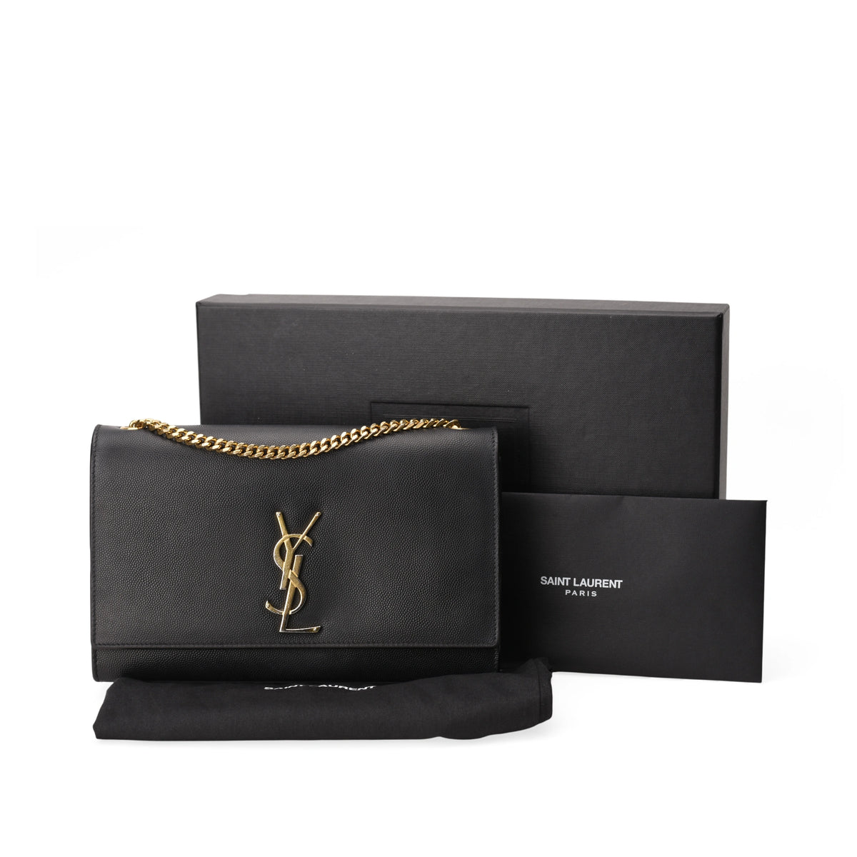 Saint Laurent black grained leather Kate flap bag with gold monogram. curated Pre-loved Luxury by Myluxe in Helsinki.