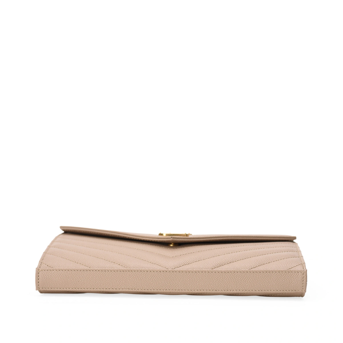 Saint Laurent Cassandre chain wallet in dark beige grain de poudre leather. curated Pre-loved Luxury by Myluxe in Helsinki.