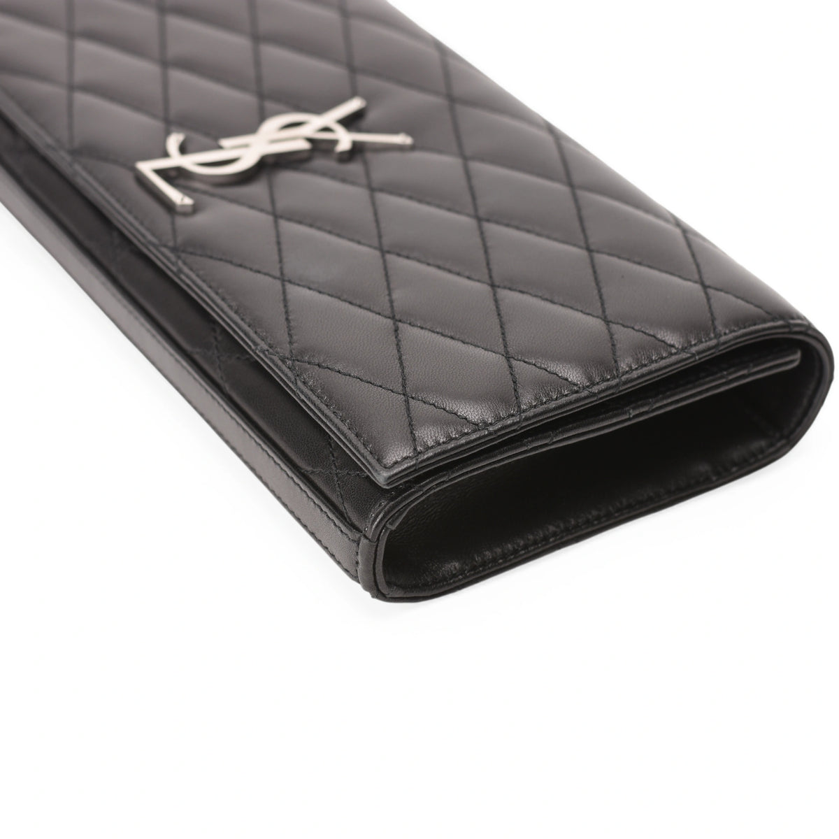 Saint Laurent Kate large black quilted leather clutch with silver hardware. curated Pre-loved Luxury by Myluxe in Helsinki.