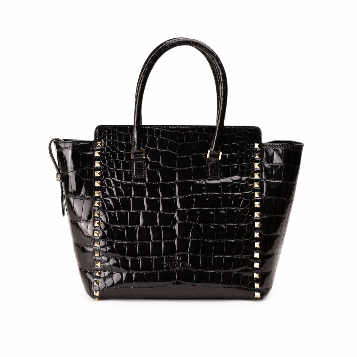 Black croc-effect leather handbag with gold studs, curated Pre-loved Luxury by Myluxe in Helsinki.