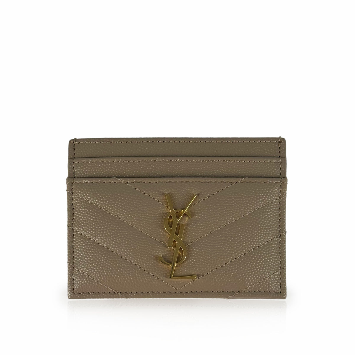Tan leather Saint Laurent card holder with gold YSL logo, curated Pre-loved Luxury by Myluxe in Helsinki.