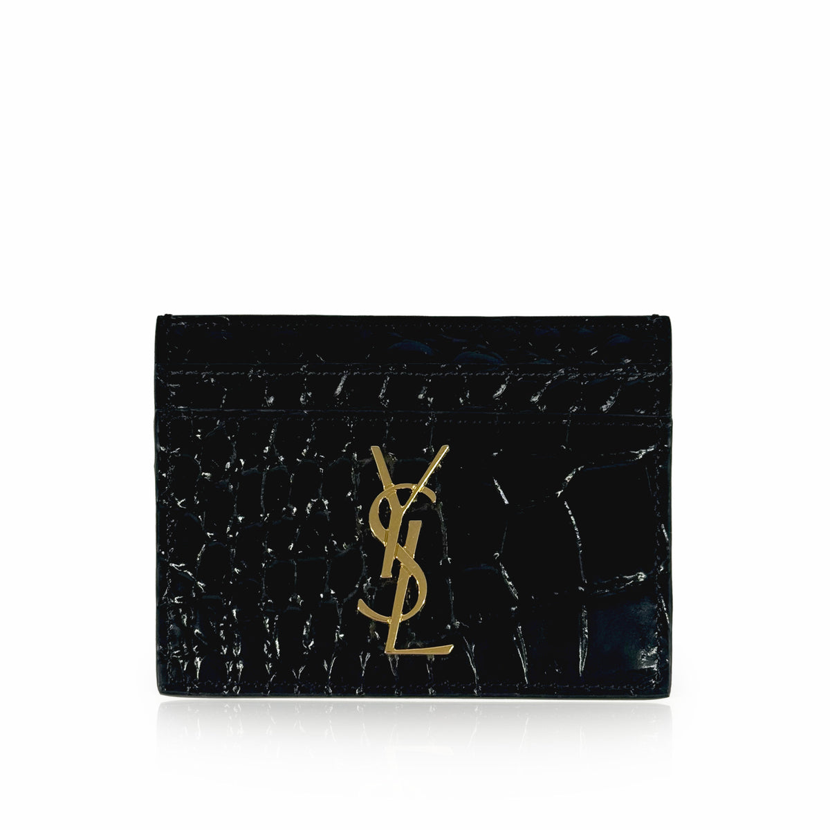 Black crocodile leather Saint Laurent card holder with gold YSL logo, curated Pre-loved Luxury by Myluxe in Helsinki.