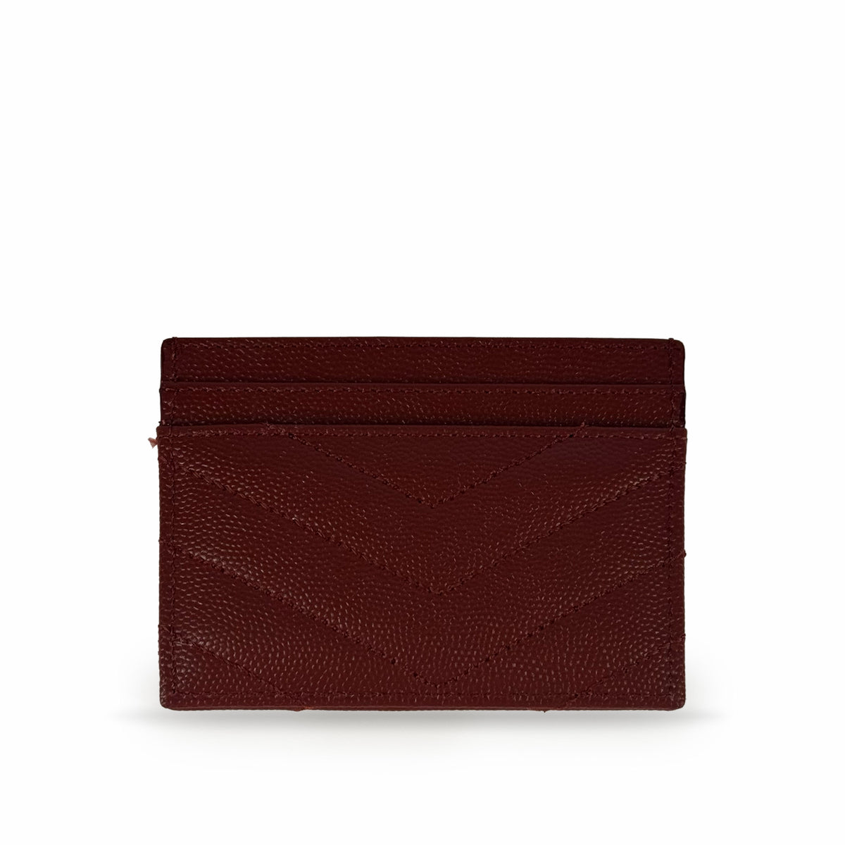 Burgundy grained leather card holder with chevron stitching, curated Pre-loved Luxury by Myluxe in Helsinki.