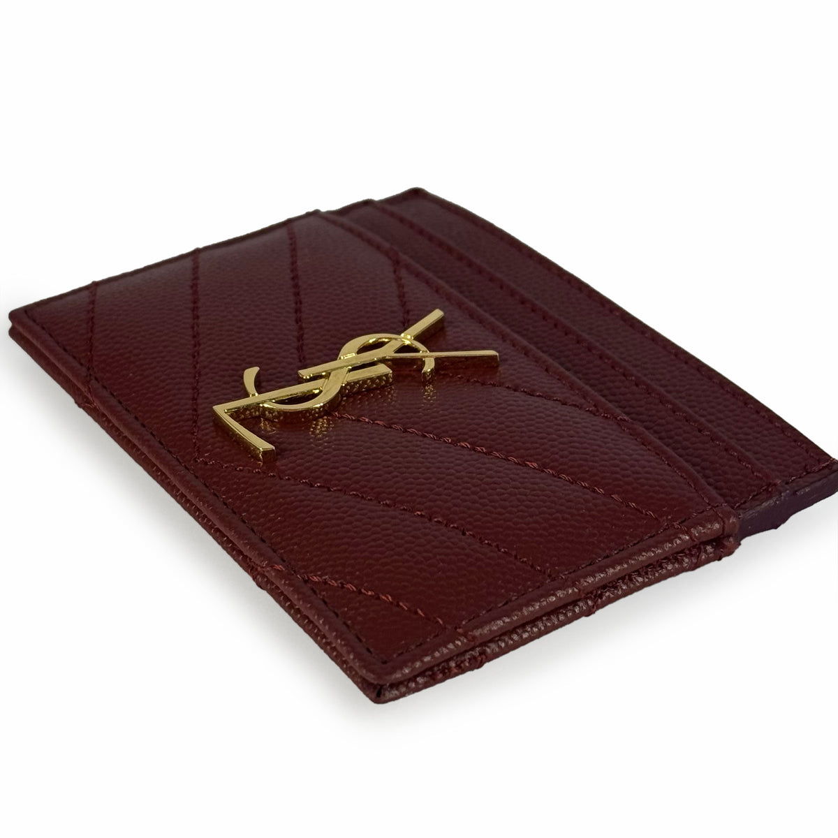 Burgundy grained leather card holder with gold YSL logo, curated Pre-loved Luxury by Myluxe in Helsinki.