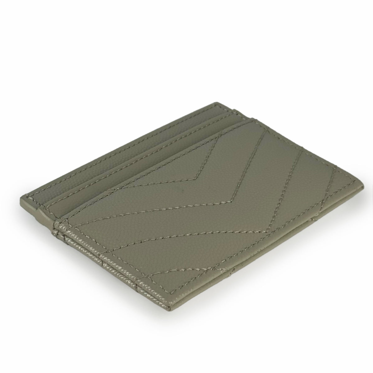 Olive green textured leather card holder with chevron stitching, curated Pre-loved Luxury by Myluxe in Helsinki.
