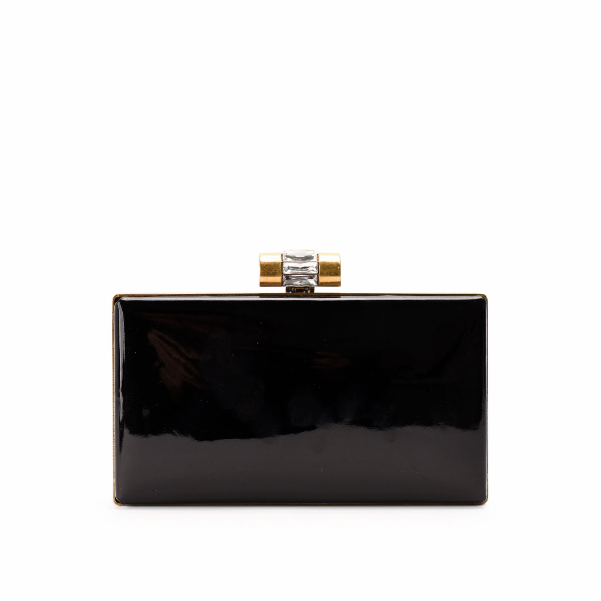 Black patent leather rectangular clutch with gold-tone frame and crystal clasp, curated Pre-loved Luxury by Myluxe in Helsinki.