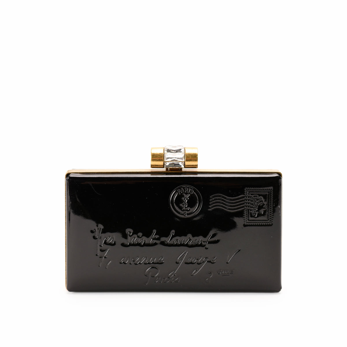 Black patent leather envelope clutch with gold-tone clasp, curated Pre-loved Luxury by Myluxe in Helsinki.