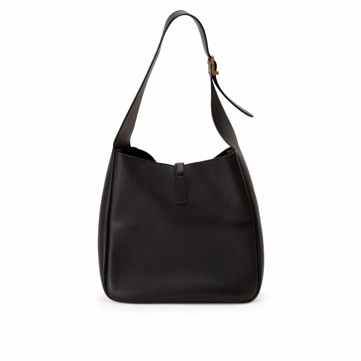 Black pebbled leather hobo shoulder bag with gold-tone buckle detail. Curated Pre-loved Luxury by Myluxe in Helsinki.
