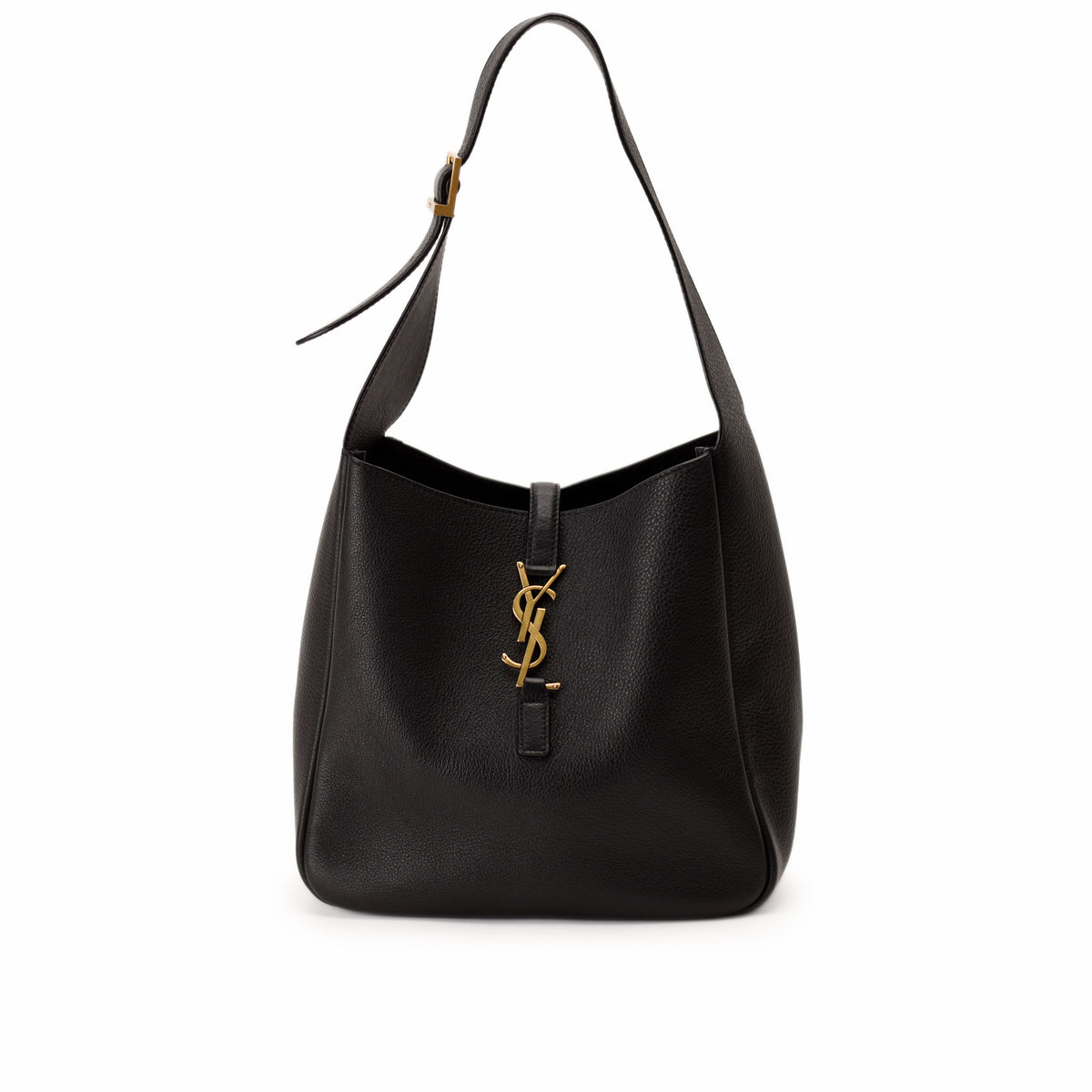 Black grained leather Saint Laurent YSL hobo bag with gold-tone hardware. curated Pre-loved Luxury by Myluxe in Helsinki.