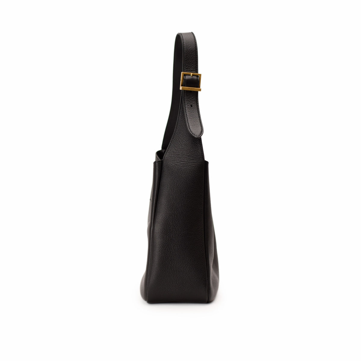 Side view of a black leather designer shoulder bag with gold-tone buckle detail. curated Pre-loved Luxury by Myluxe in Helsinki.