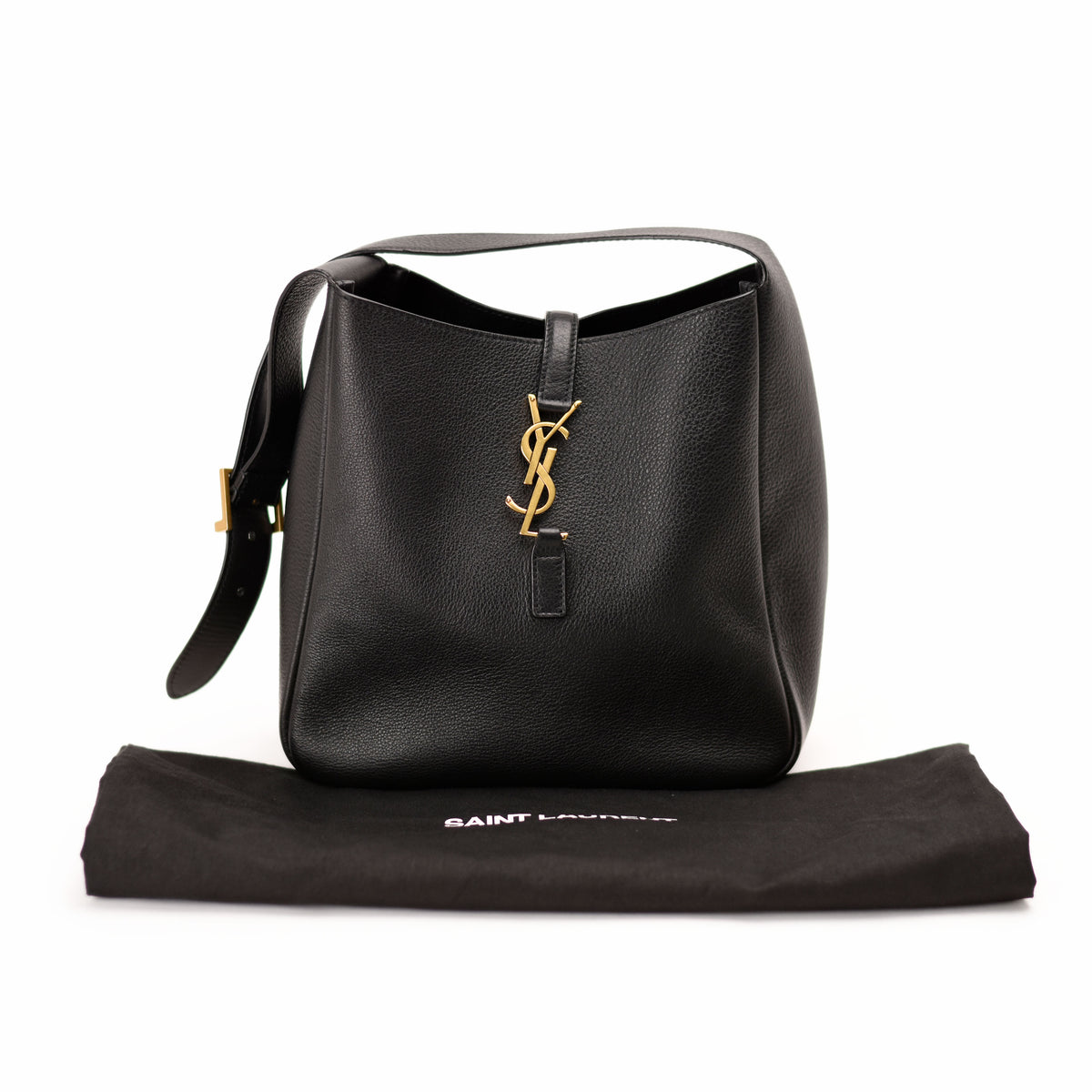Black pebbled leather Saint Laurent handbag with gold YSL logo. curated Pre-loved Luxury by Myluxe in Helsinki.