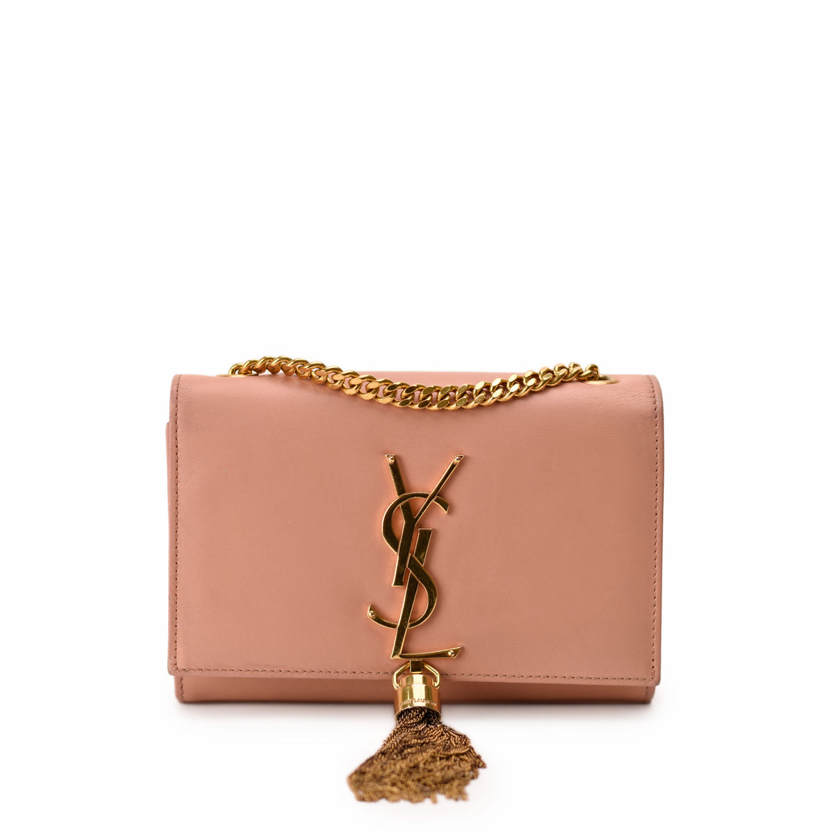 Pink leather Saint Laurent YSL clutch with gold chain and tassel, curated Pre-loved Luxury by Myluxe in Helsinki.