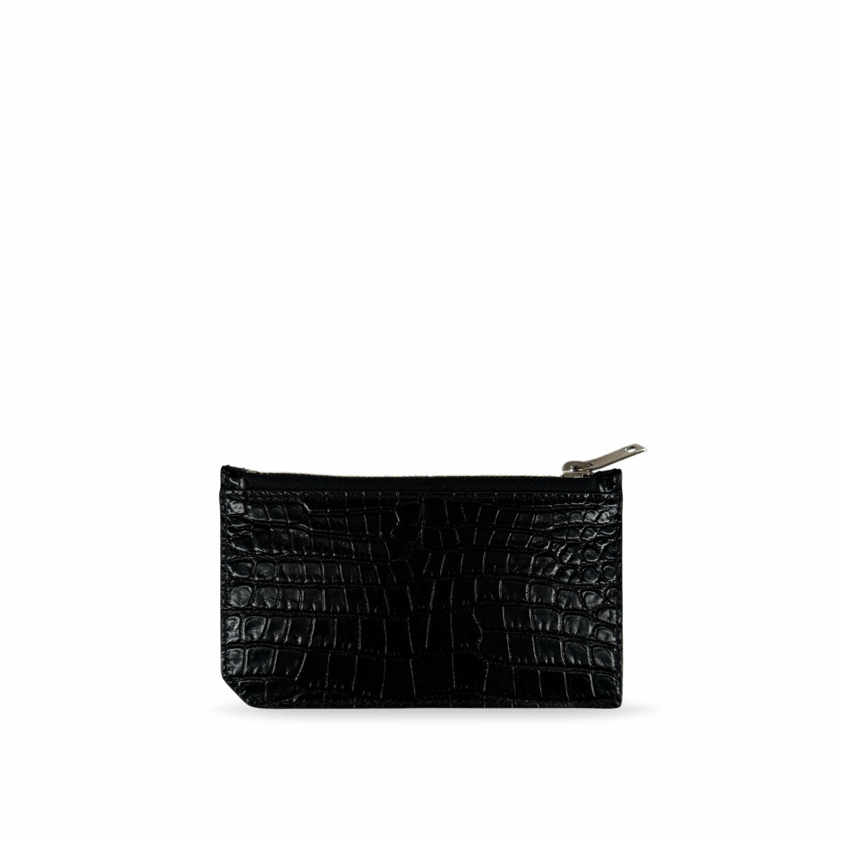 Black crocodile-embossed leather zip pouch, curated Pre-loved Luxury by Myluxe in Helsinki.