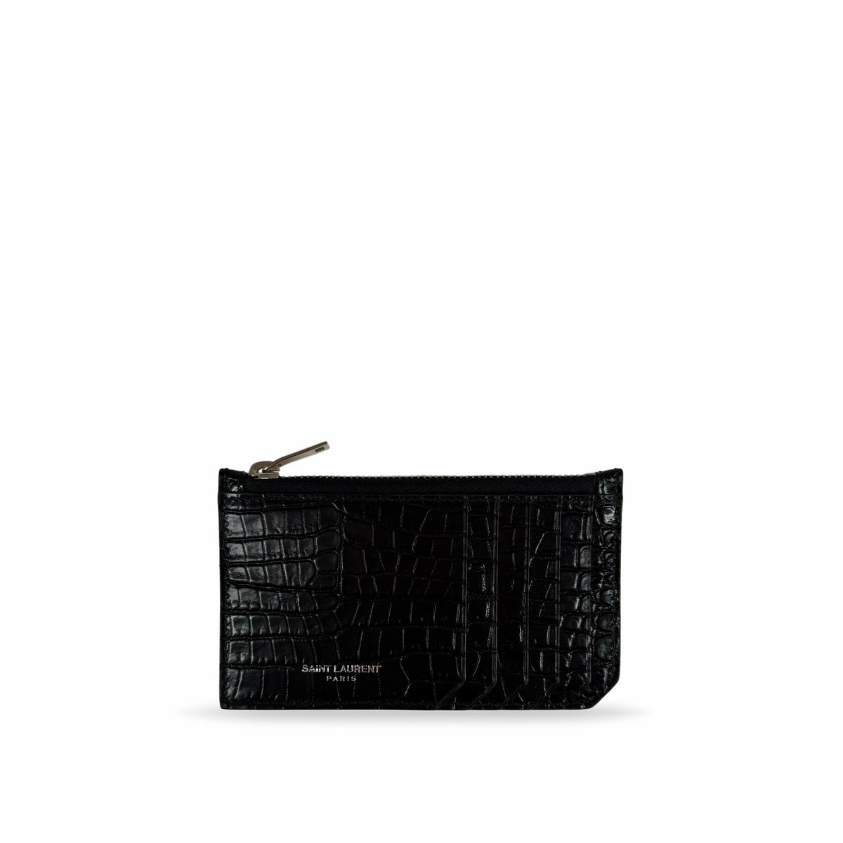 Black Saint Laurent crocodile-embossed leather zip pouch, curated Pre-loved Luxury by Myluxe in Helsinki.