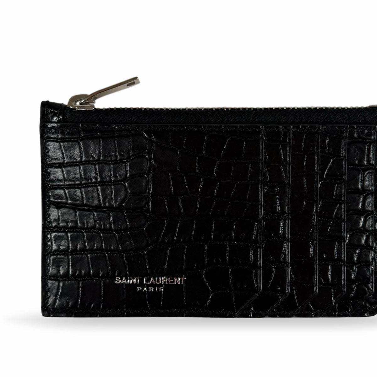 Black crocodile-effect leather Saint Laurent zip card holder, curated Pre-loved Luxury by Myluxe in Helsinki.
