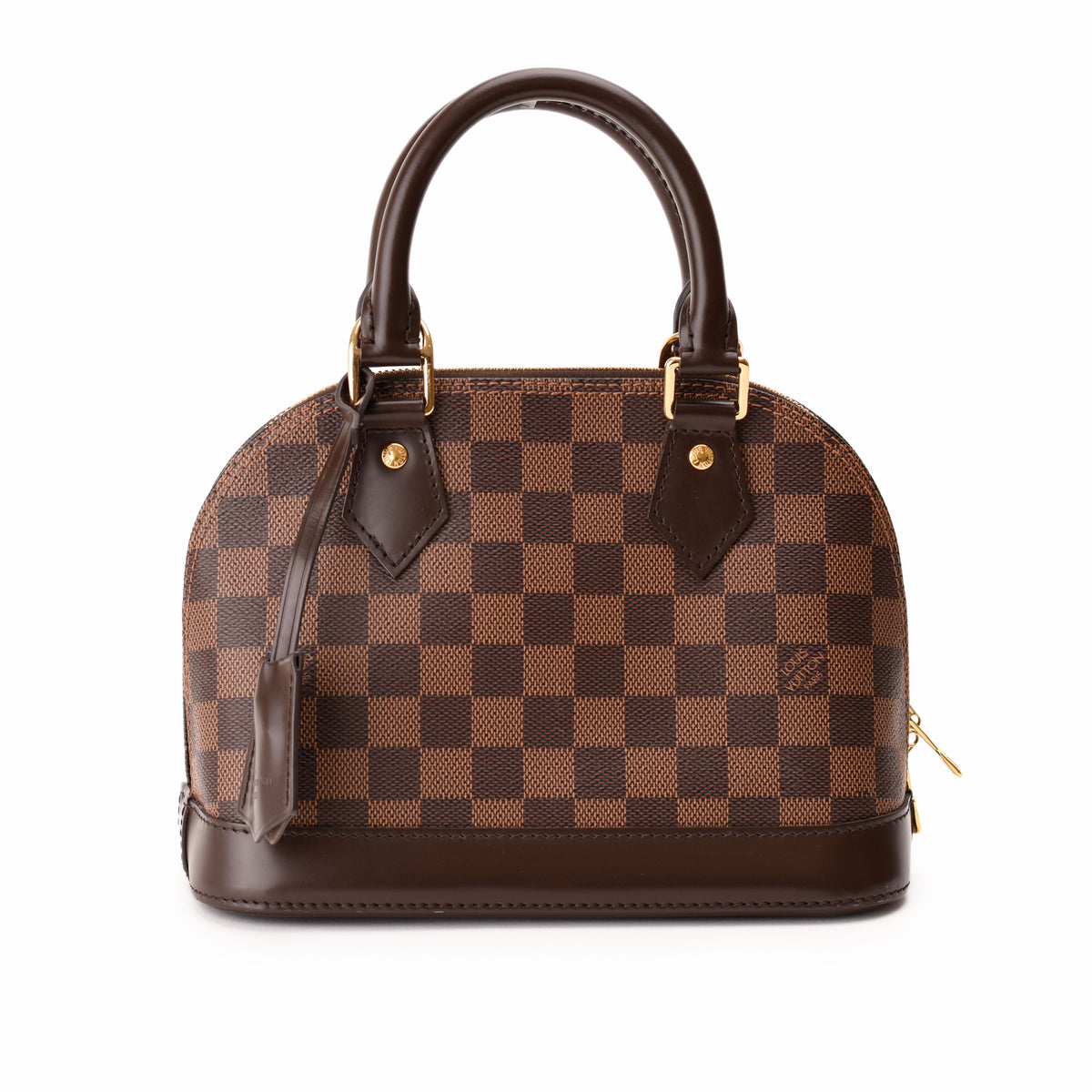 Louis Vuitton Damier Ebene checkered canvas handbag with brown leather handles. curated Pre-loved Luxury by Myluxe in Helsinki.
