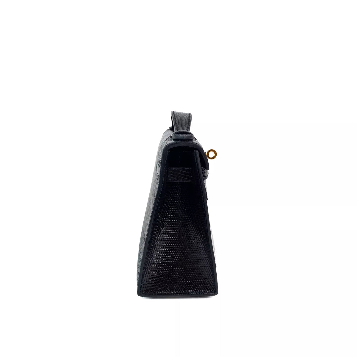 Hermes Mini Kelly Pochette In Black Shiny Lizard Gold Hardware Left Side