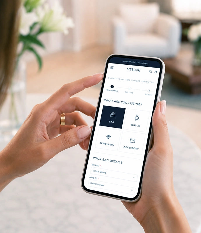 Person using Myluxe mobile app to list luxury bags and accessories. curated Pre-loved Luxury by Myluxe in Helsinki.
