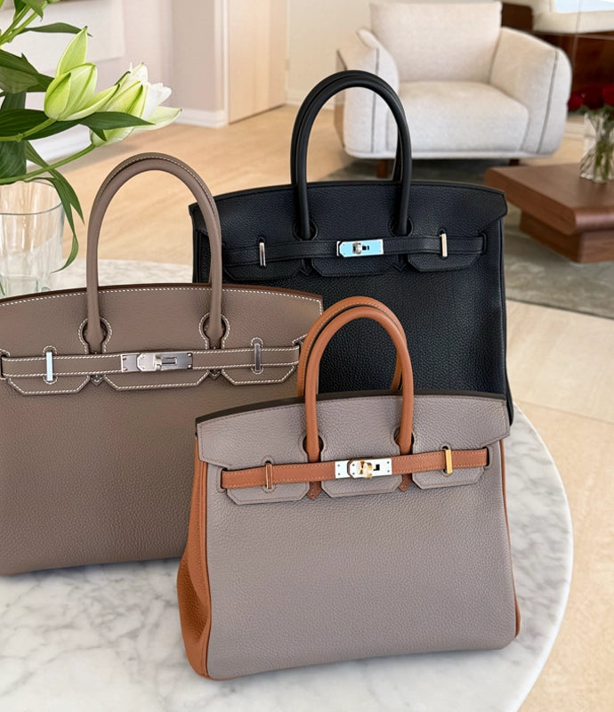 Three Hermès Birkin handbags in taupe, black, and grey leather. curated Pre-loved Luxury by Myluxe in Helsinki.